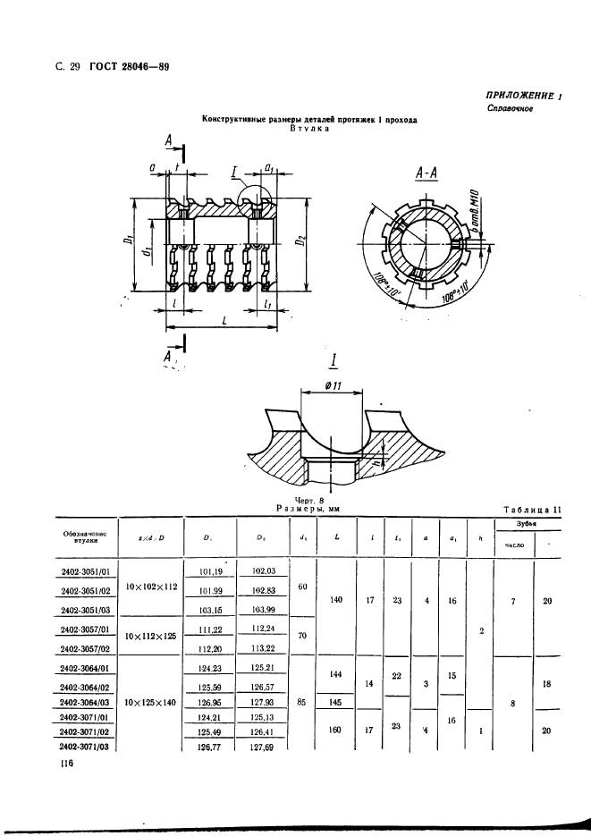 ГОСТ 28046-89 Протяжки сборные для десятишлицевых отверстий с прямобочным профилем с центрированием по внутреннему диаметру комбинированные переменного резания трехпроходные. Конструкция (фото 29 из 63)