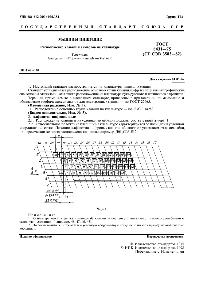 ГОСТ 6431-75 Машины пишущие. Расположение клавиш и символов на клавиатуре (фото 2 из 7)