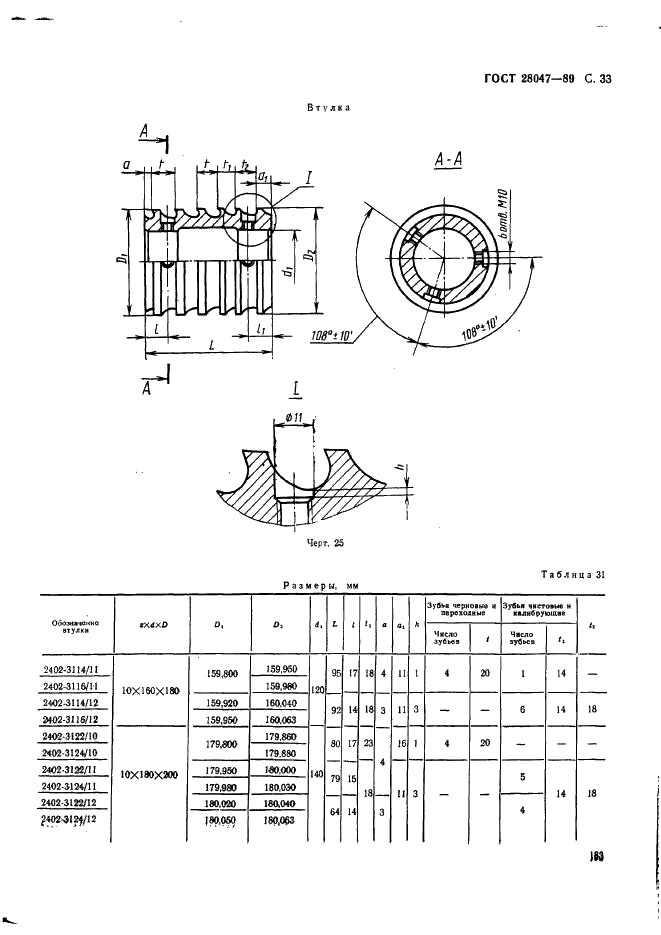 ГОСТ 28047-89 Протяжки сборные для десятишлицевых отверстий с прямобочным профилем с центрированием по внутреннему диаметру комбинированные переменного резания четырехпроходные. Конструкция (фото 33 из 38)