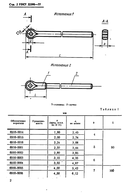 ГОСТ 22398-77 Воротки одногнездные для инструмента с квадратными хвостовиками. Основные размеры (фото 4 из 10)