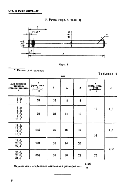 ГОСТ 22398-77 Воротки одногнездные для инструмента с квадратными хвостовиками. Основные размеры (фото 10 из 10)