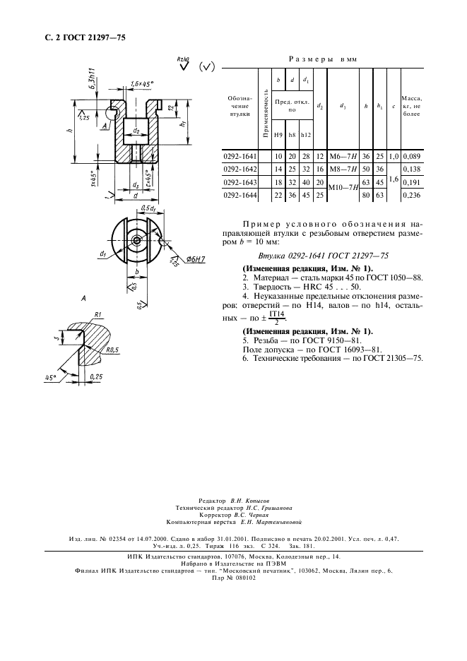 ГОСТ 21297-75 Втулки направляющие с резьбовым отверстием для нагреваемых стержневых ящиков. Конструкция и размеры (фото 3 из 3)