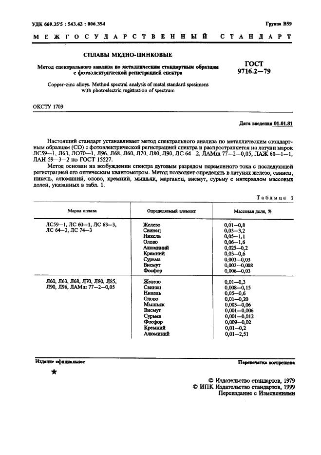 ГОСТ 9716.2-79 Сплавы медно-цинковые. Метод спектрального анализа по металлическим стандартным образцам с фотоэлектрической регистрацией спектра (фото 1 из 5)