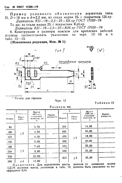ГОСТ 17020-78 Прижимы, держатели и пояски для крепления трубопроводов и кабелей. Конструкция и размеры (фото 29 из 44)