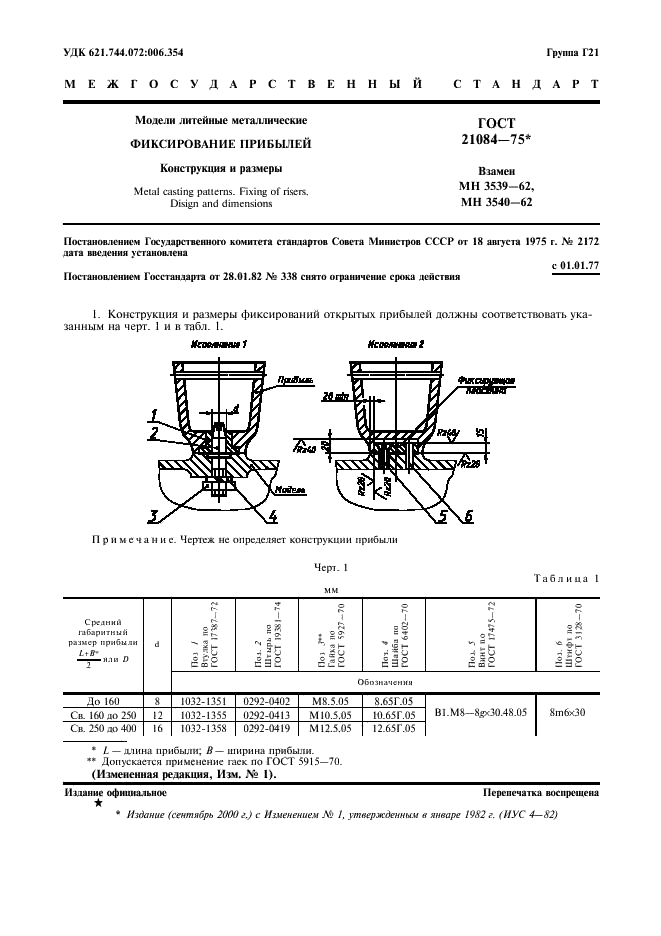 ГОСТ 21084-75 Модели литейные металлические. Фиксирование прибылей. Конструкция и размеры (фото 2 из 3)