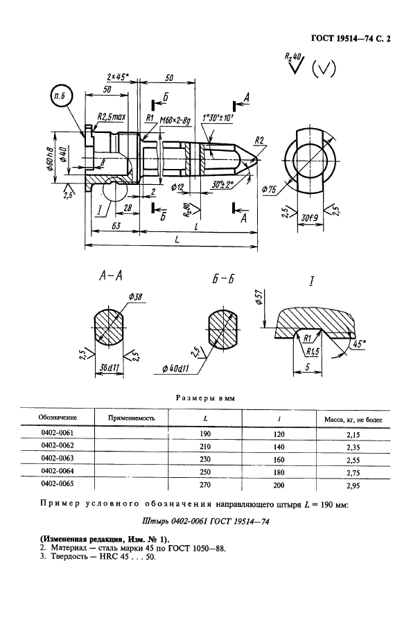 ГОСТ 19514-74 Кокили облицованные. Штыри направляющие для модельных комплектов. Конструкция и размеры (фото 3 из 4)