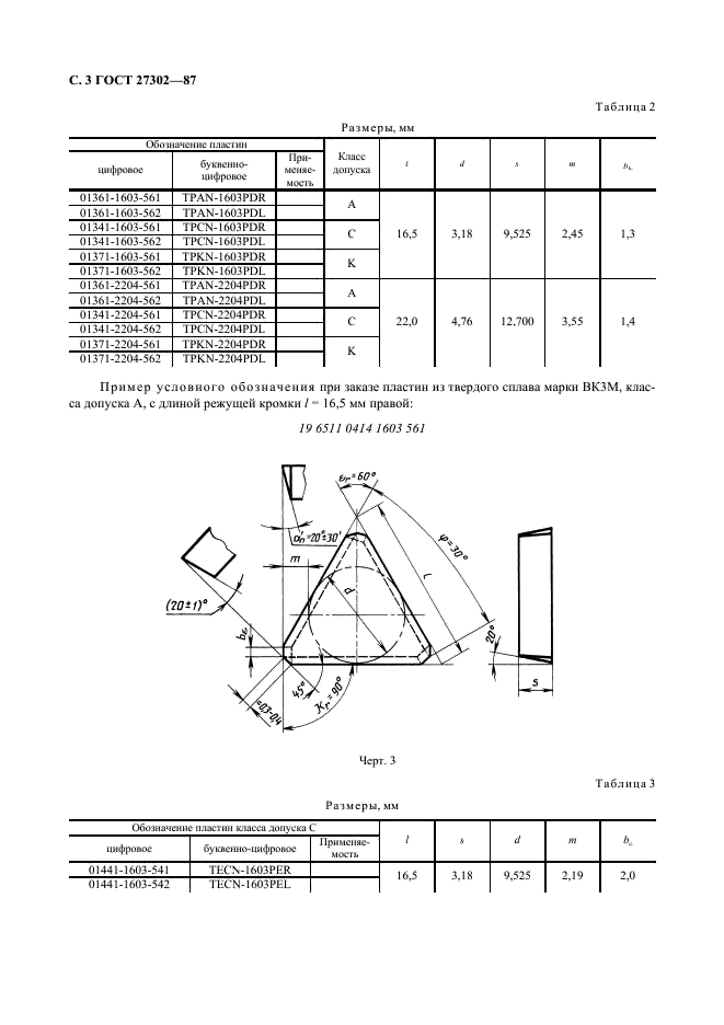 ГОСТ 27302-87 Пластины режущие сменные многогранные твердосплавные с фасками при вершине без отверстия. Конструкция и размеры (фото 4 из 10)