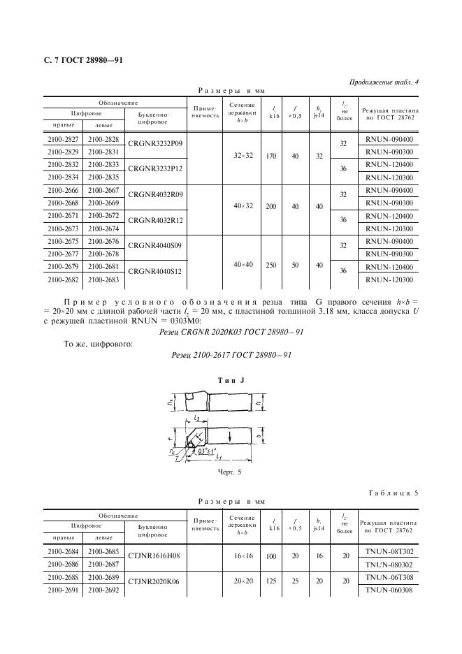 ГОСТ 28980-91 Резцы токарные проходные и подрезные со сменными режущими пластинами из сверхтвердых материалов. Типы и основные размеры (фото 8 из 12)