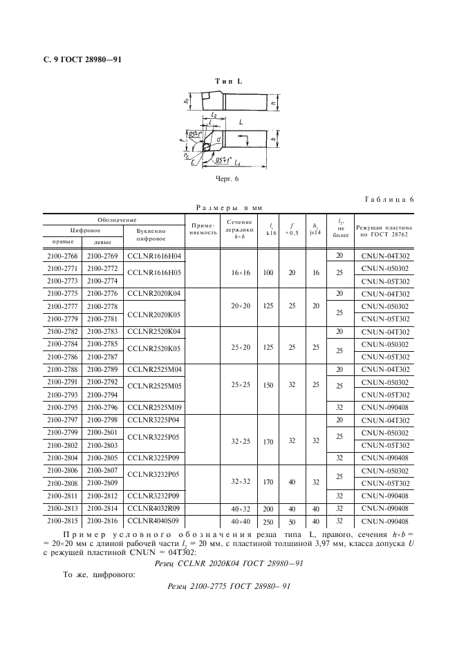 ГОСТ 28980-91 Резцы токарные проходные и подрезные со сменными режущими пластинами из сверхтвердых материалов. Типы и основные размеры (фото 10 из 12)